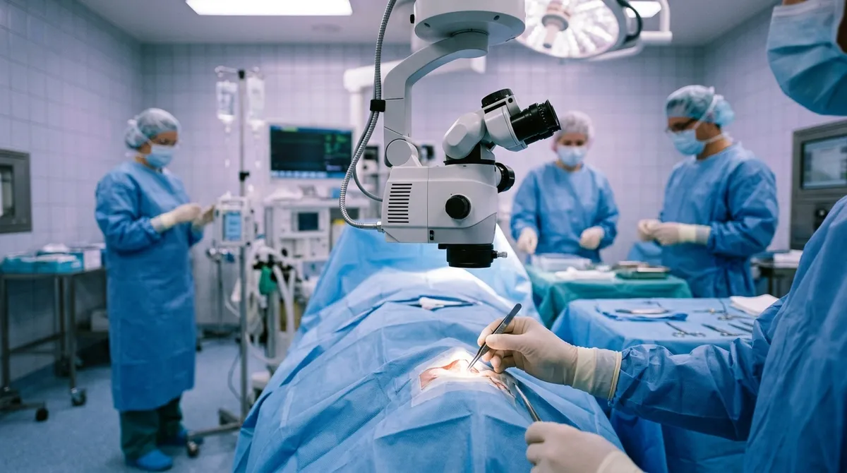 Microscope opératoire dans un bloc d'ophtalmologie